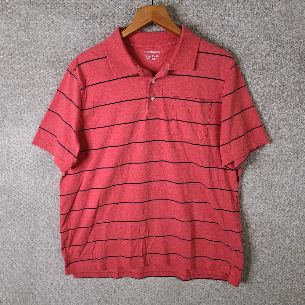 Croft & Barrow Shirt Mens XL Red Striped Polo Pocket Cotton Blend Casual Classic